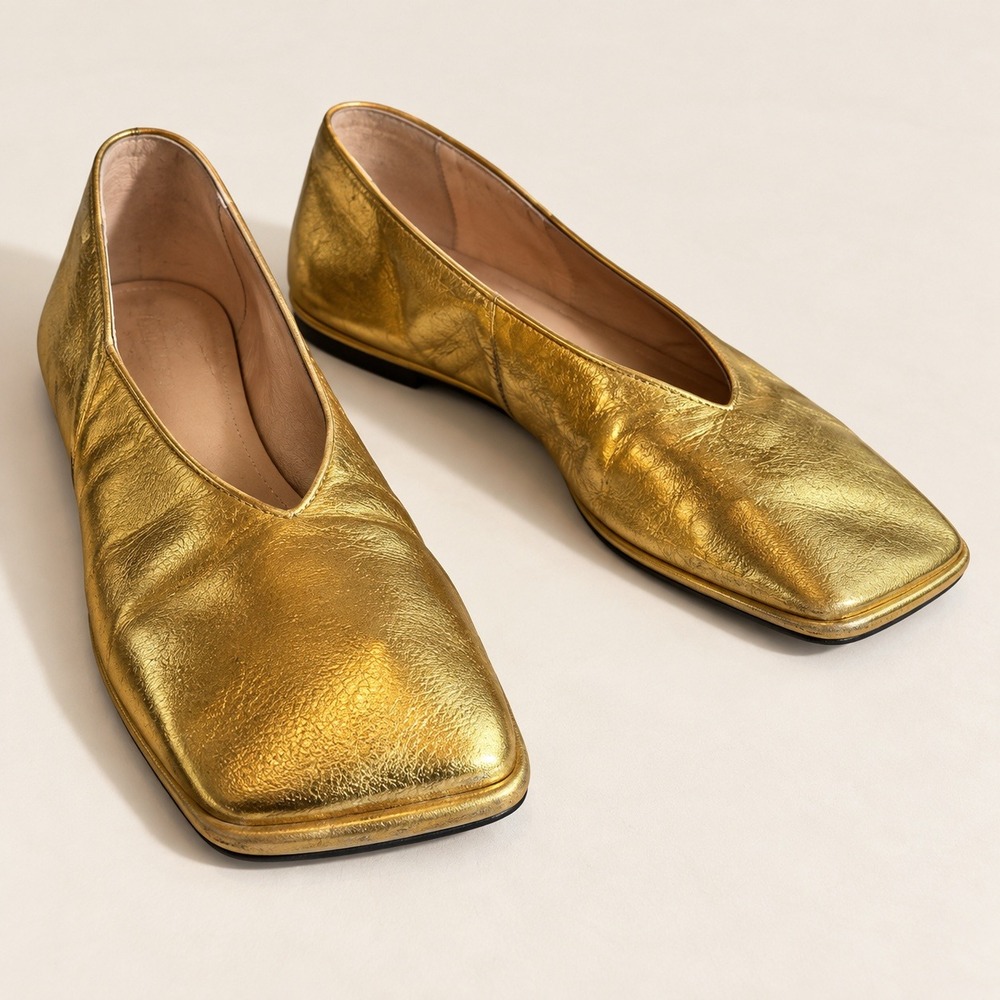 Topshop Charlotte Leather Flats Womens UK 5 EU 38 Gold Metallic Square Toe V-Cut